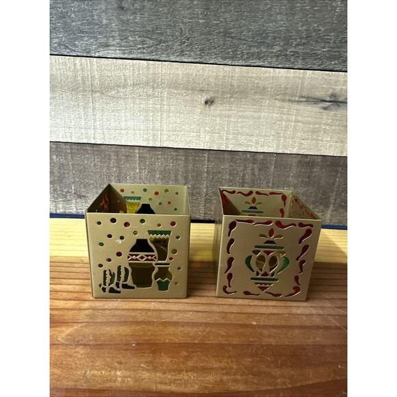 Set of 2 PartyLite SOUTHWEST Holiday Square TealIght Candle Holder Stained Glass - Picture 4 of 6